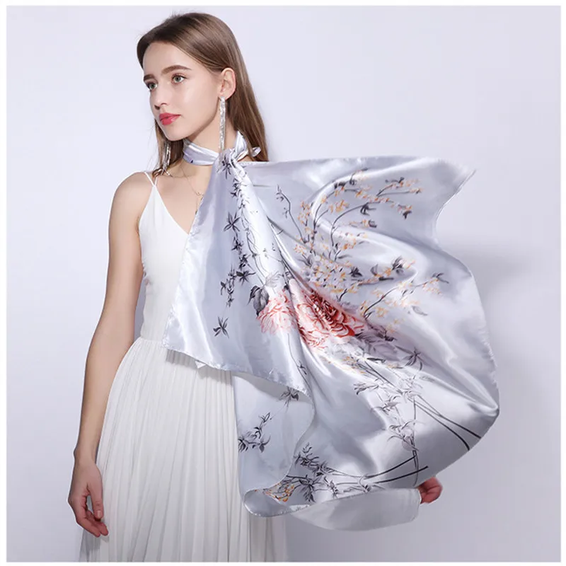 

Summer Silk Scarf Women Flower Print Foulard Square Shawl Luxury Brand Satin Head Scarves 90*90cm Female Bandana Muslim Hijab