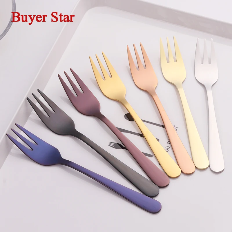 

Hot 4pcs Fruit Fork Metal Stainless Steel Gold Three Prong Food Snack Black Cutlery Cake Dessert Fork Dinnerware Set for Party