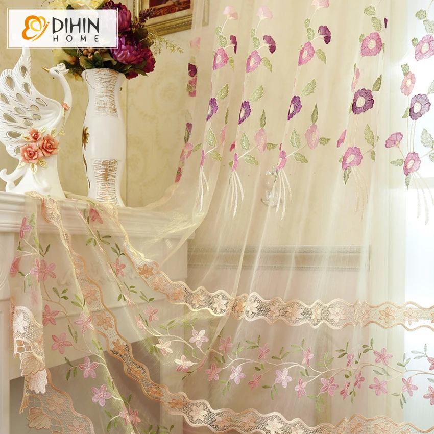 

DIHIN HOME European Luxury Embroidered Sheer Voile Curtains Window Drapes Lace Curtains Tulle Windows 1 Panel
