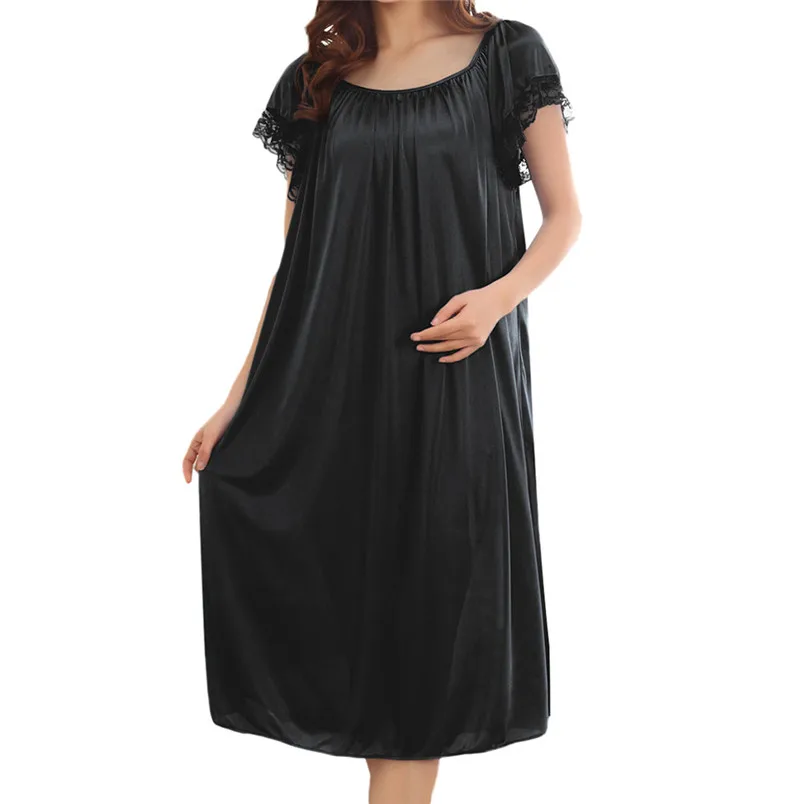 Women Summer Home Lace Ice Silk Short Sleeve Loose Nightgown Dress O Neck Lingerie Pajamas Dress One Size 40FE01 (30)