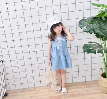 

Baby Girl Denim Dress Children Cowboy Clothing for Girl Clothes Kids Lace Bow Tie Design Cute Sleeveless Dress Summer Girl Dress