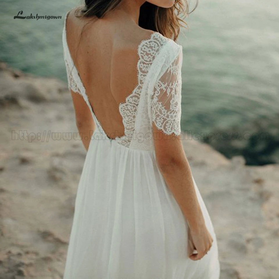 Lakshmigown стильное богемное свадебное платье, Пляжное, свадебное кружевное платье с коротким рукавом, открытая спина, длина до пола