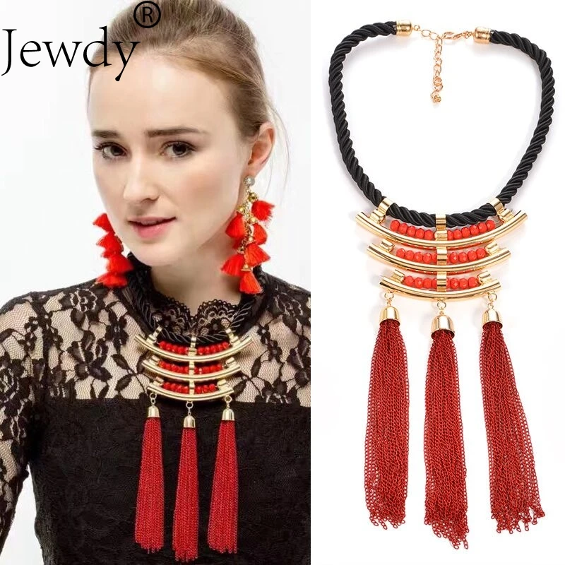 Jewdy Luxury Red Tassel Pendant Necklace Fashion Jewelry Handmade