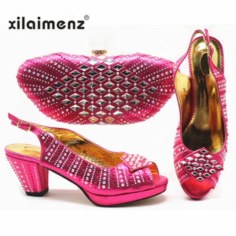 

2019 Fuchsia New Arrival Ladies Italian Shoes and Bag Set Decorated with Rhinestone Italian Shoes with Matching Bag for Women