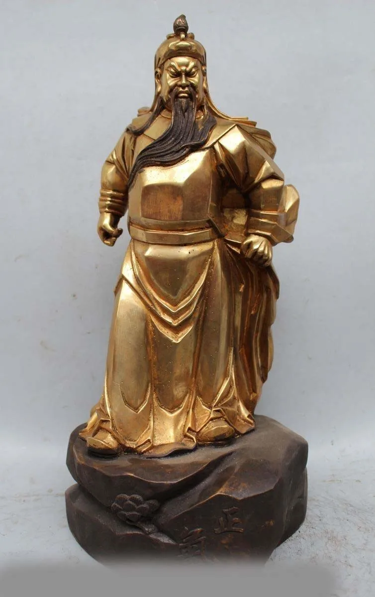 

18" Chinese Fengshui Bronze Gild Stand Guan Gong Yu Warrior God Sword Statue
