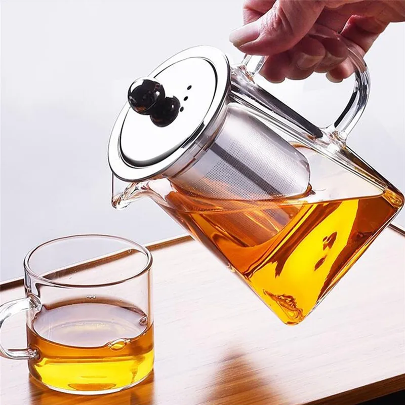 Heat resistant Glass Stainless Steel Filtering Teapot Square Flower Teapot High temperature