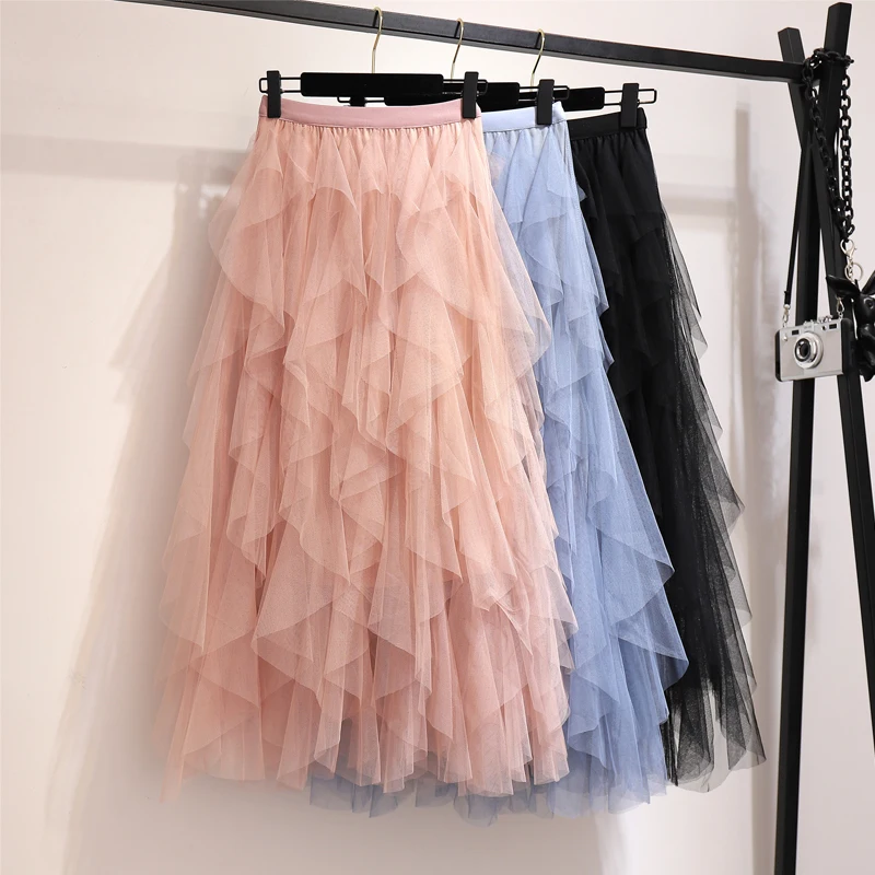 

Summer Skirts Womens Fashion Irregular Mesh Tulle Skirt Elastic High Waist Mid Calf Tutu Long Skirt Women 2019 Ladies Skirts