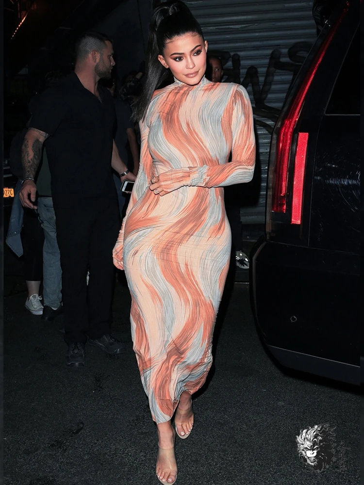 

KylieJenner Dress Women's Mock Neck Long Sleeve Bacon Printed Thin Smooth Maxi Dress Optical Illusion Wavy Pattern Jenner Dress