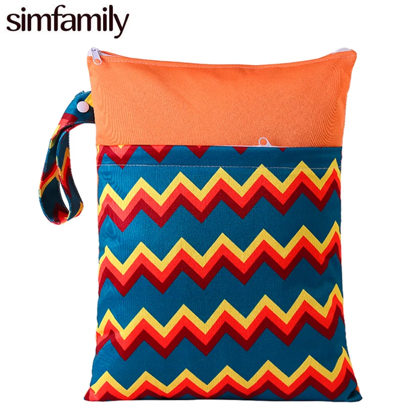 

[simfamily]1PC Reusable Water resistant Printed PUL Diaper Wet Bag Double Pocket,Cloth Handle,28x36CM Wholesale Selling