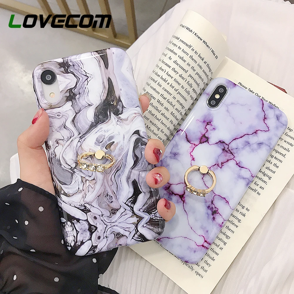 

LOVECOM Luxury Smooth Marble Case Metallic Ring Kickstand Holder For iPhone X XS XS Max XR 6S 7 8 Plus Screen Protector Cover