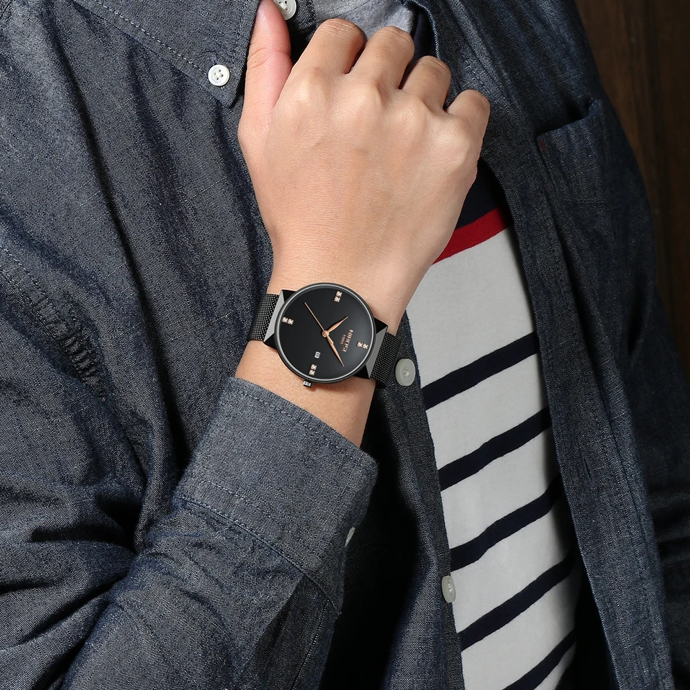 NIBOSI Mens Watches Top Brand Luxury Blue Quartz Watch Men Diamonds Slim Mesh Steel Waterproof Sport Watch Relogio Masculino