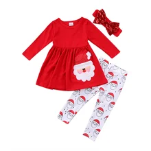Комплекты одежды для маленьких девочек из 3 предметов, платье Топы, штаны с длинными рукавами повязка на голову, комплект рождественской одежды из 3 предметов для девочек