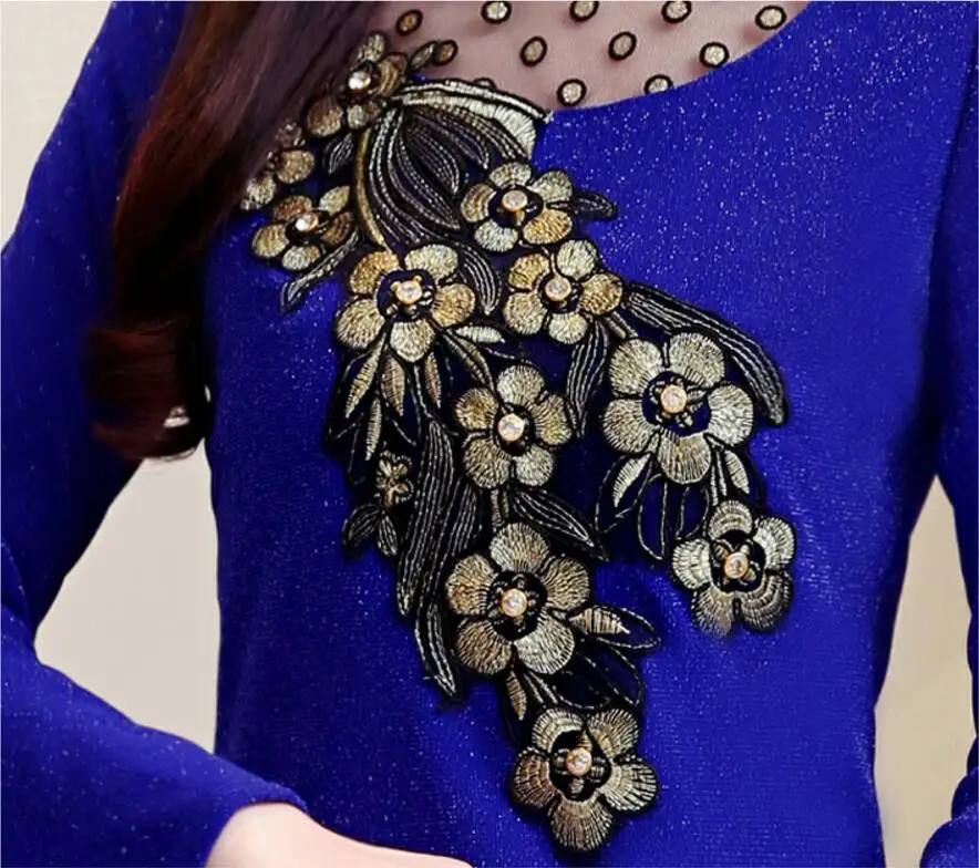 Женские топы и блузки, Корейская элегантная Кружевная блуза с длинным рукавом и вышивкой, женские рубашки размера плюс, облегающие рубашки