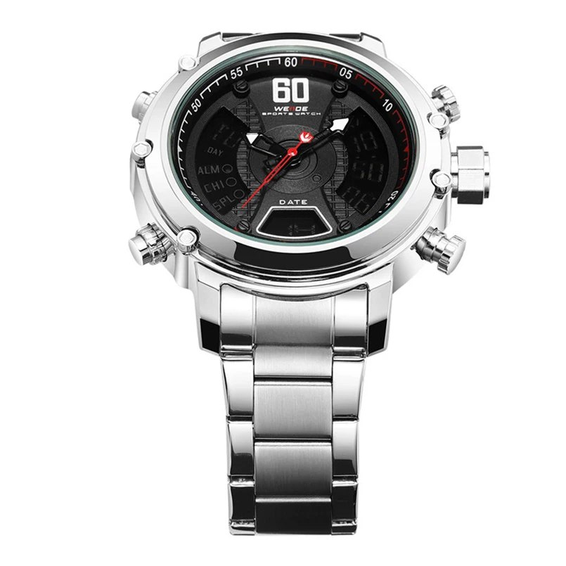 WEIDE fashion LCD Analog Digital Dual Display Quartz Men Sport Watch Business Stainless Steel Strap Wristwatches Multifunctional