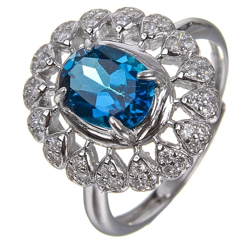 Sterling Silver 925 100 Genuine Blue Topaz & White Topaz Ring Wedding