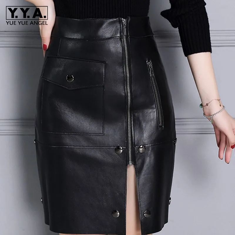 

New Women 2019 Skirts Genuine leather Streetwear Casual Natural Leather Sheepskin High Waist Wrap Buttons Zippers Female Skirts