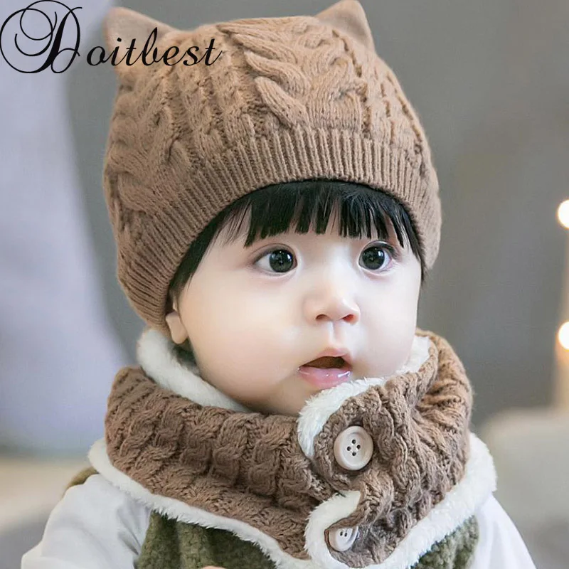 

Doitbest 6 Months to 3 years old baby kids beanie puppy twist wool solid boys Knitted hats winter 2 pcs baby girl hat scarf set