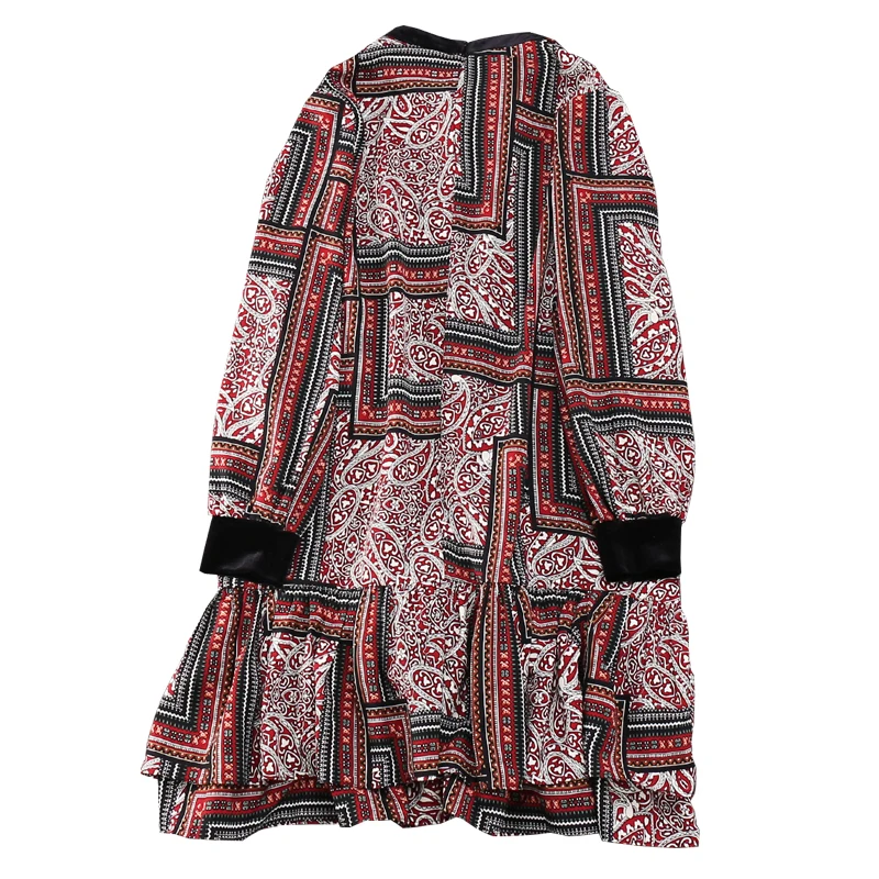Completa 2019 Cuello Mujeres Primavera longitud De Samgpilee Moda Línea Llegada L La Las Rodilla Impresión Natural Nueva 3xl Apliques Red Vestido Manga qr0wq6A