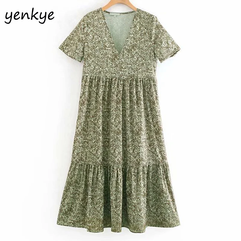 

Summer 2019 Women Vintage Floral Print Dress Lady V Neck Short Sleeve Pleated Casual Long Dress Plus Size vestidos XNWM8952