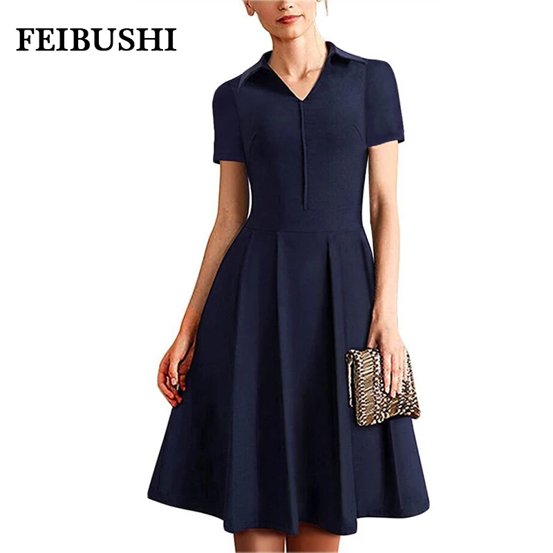 FEIBUSHI Big Size 1950s Navy Blue Vintage Dress Womens 2017 Elegant Evening Robe Femme Casual Party Swing Dresses