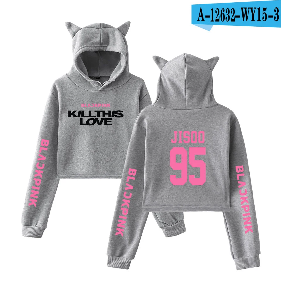 Черный розовый альбом KILL THIS LOVE Basic Street Повседневные толстовки с кошачьими ушками Толстовка для женщин крутой пупок Толстовки размер - Цвет: gray