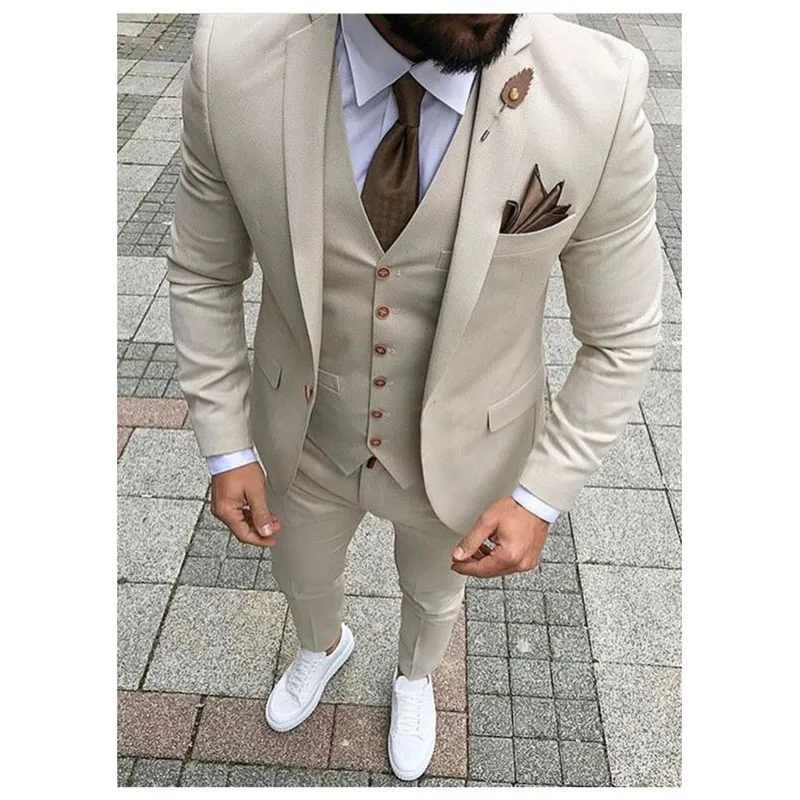

2017 Latest Coat Pant Designs Beige Men Suit Prom Tuxedo Slim Fit 3 Piece Groom Style mens Suits Custom Blazer Terno Masuclino