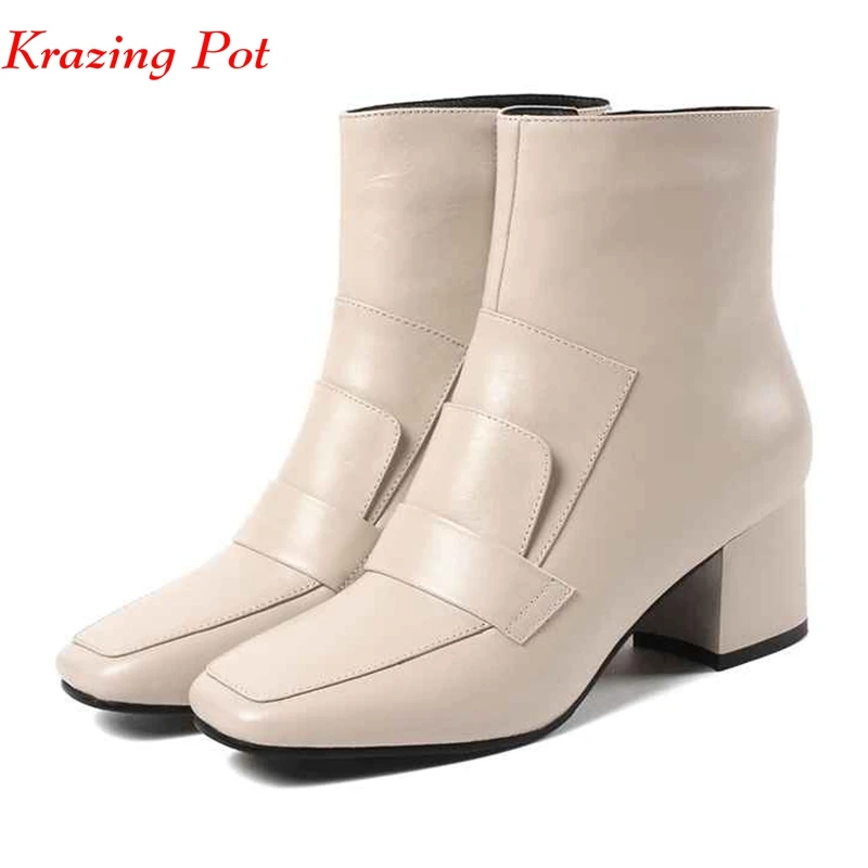 

Krazing pot new genuine leather gorgeous square toe soft color simple lazy style thick high heels British school ankle boots L08