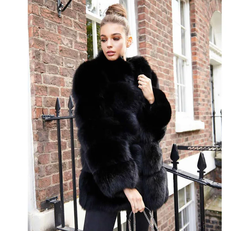 Новинка, Женское пальто из натурального меха, зимняя модная женская куртка из натурального меха, толстое пальто из натурального Лисьего меха, воротник-стойка, роскошная FC-270 - Цвет: Black