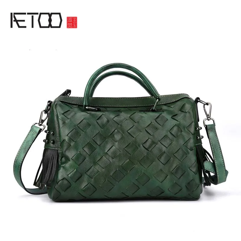 

EUMOAN Original new ladies weave first layer leather handbag Messenger bag retro rub color craft bag
