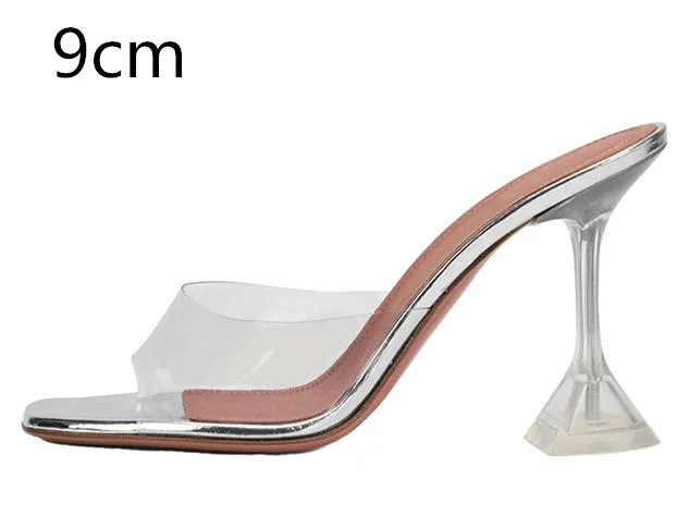 Прозрачные Шлепанцы из ПВХ пикантные женские туфли на высоком каблуке со стразами и открытым носком Прозрачные шлепанцы на высоком каблуке 7 см/9 см - Цвет: Silver-9cm