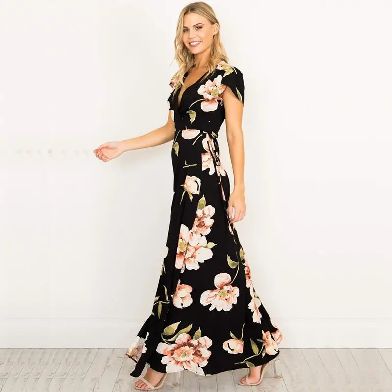 Женское платье макси с V образным вырезом и цветочным принтом|maxi dress|dress v-neckmaxi dress