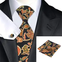 Набор галстуков с принтом Модные мужские галстуки шеи галстук, шейный платок и запонки черные галстуки с оранжевым цветком Gravata corbatas C-1278
