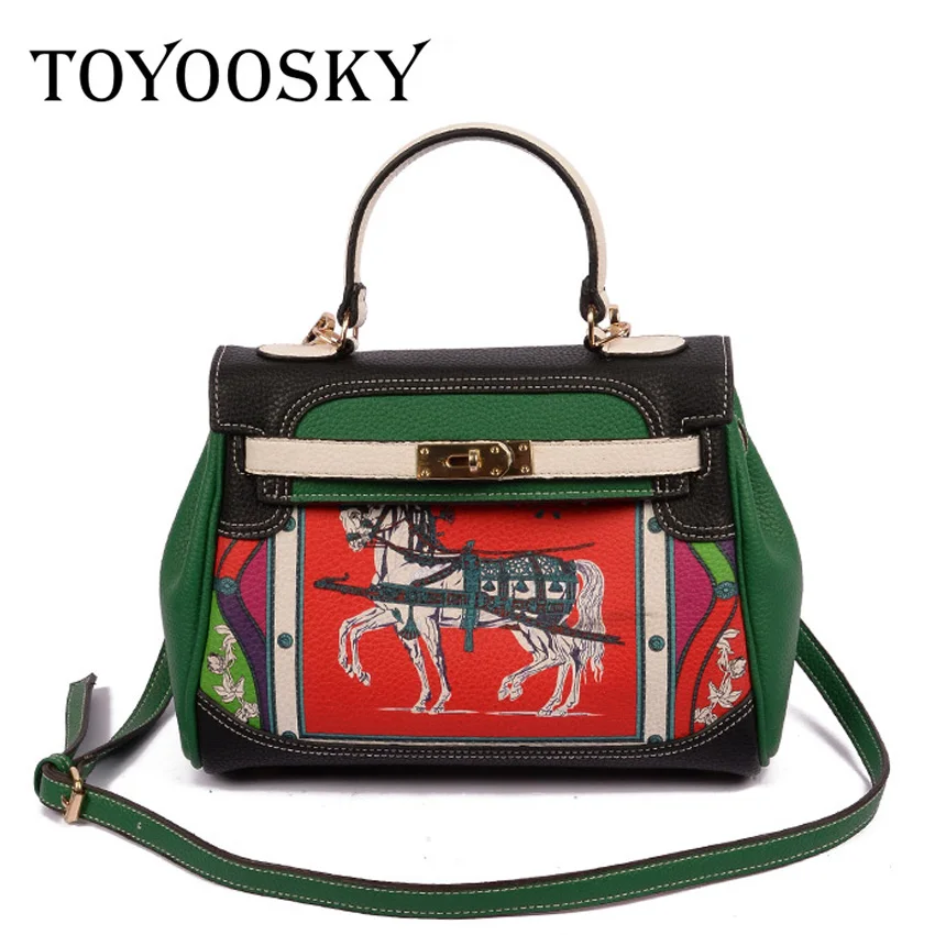 

TOYOOSKY Designer Luxury Print Horse Women Bag Versatile Messenger bag Female Shoulder Bag Litchi Leather Crossbody Lady Handbag