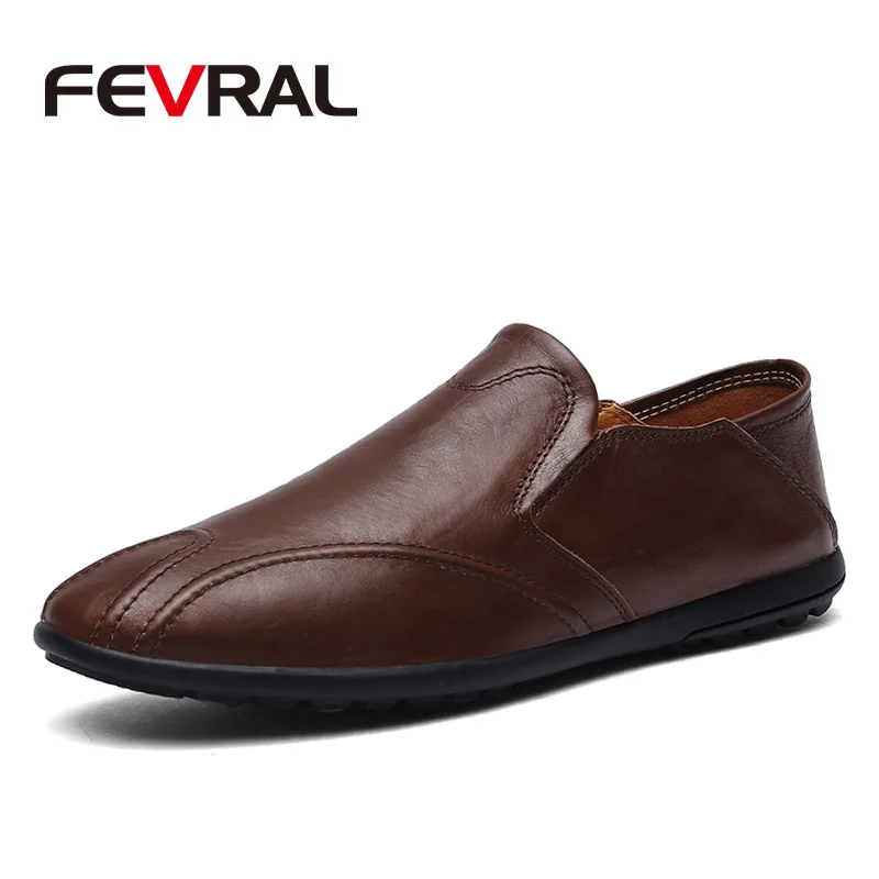 FEVRAL Genuine Leather Men Casual Shoes Luxury Brand Loafers Breathable Slip on Black Driving Shoes Moccasins Size 38~46 - Цвет: Dark Brown