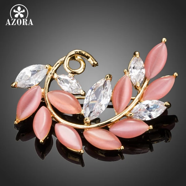 AZORA Gold Color Clear Cubic Zirconia Leaves Style Pin Brooch TP0025
