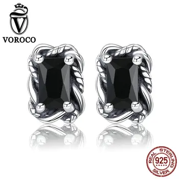 

VOROCO Trendy Earings Boho 925 Sterling Silver Black CZ Stone Stud Earrings for Women Man Vintage Earring Jewelry Party VSE143