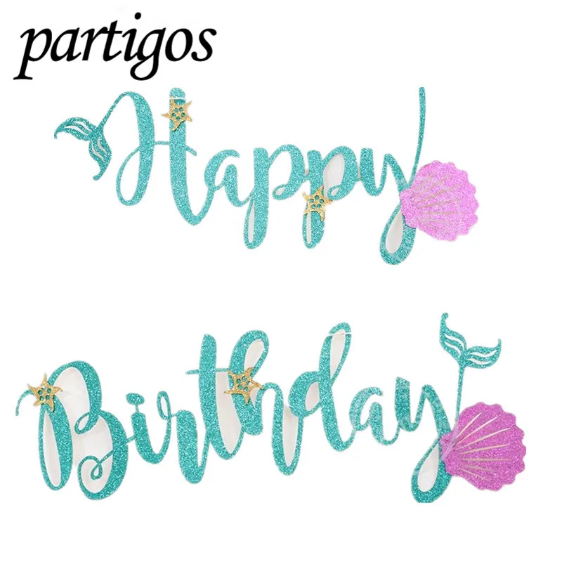 1set Mermaid Glitter Banner Cardboard Blue Letter Garland HAPPY BIRTHDAY Purple Shell Banner Ocean Birthday Party Decoration