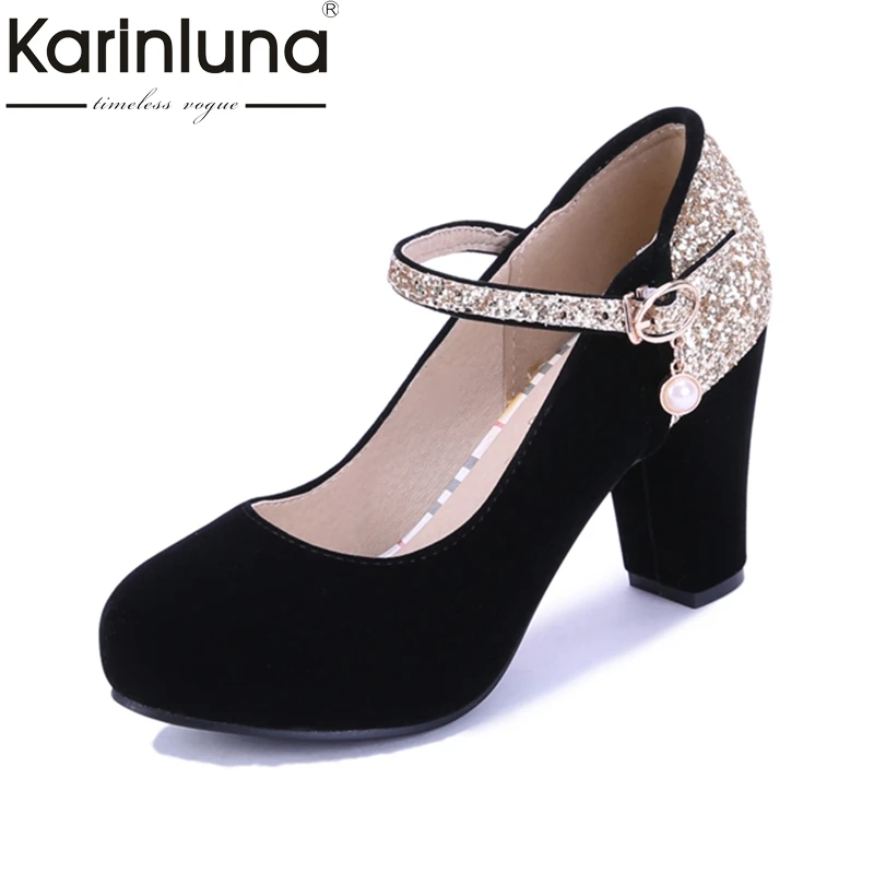 

KARINLUNA 2018 Large Size 30-44 bling upper Round Toe Chunky Heels Women Shoes Woman Fashion Buckle Strap Wedding Pumps