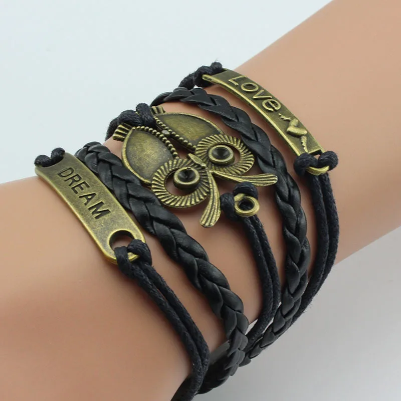 

black bird owl bracelet unisex multi-layer multi layer leather weave bronze multilayer bangles bracelets anchor for men/women