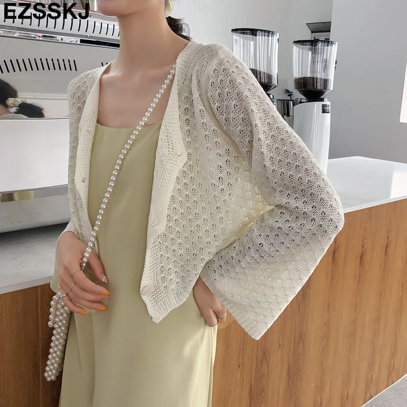

Spring summer casual Women Sweater Knitted Cardigan flare Sleeve V-Neck Solid Loose short Cardigan Sweater girl chic crop Jacket