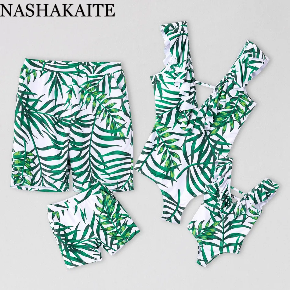 Одинаковый купальник NASHAKAITE для всей семьи слитный с принтом в виде листиков мамы