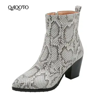 

Fashion Snake Leather Square Heel Women Ankle Boots Ladies Zipper Pointed Toe Boots Autumn Winter Shoes Women Black Gray
