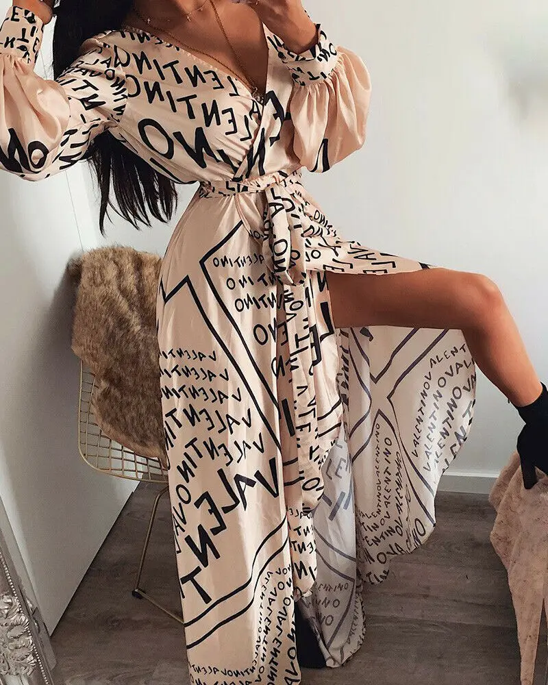 Women Sexy Letter Print Vintage V-neck Long Sleeve Slit Maxi Dress New Fashion Ladies Bandge Long Dress Beach Party Sundress