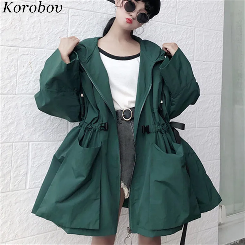 Korobov Harajuku Pockets Long Jacket Women Korean Hooded O Neck