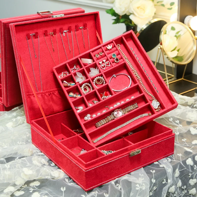

ANFEI New Jewelry Display Storage Case Red Two Layers Jewelry Box Bracelet/Necklace/Ring/Earrings Organizer Stand Holder