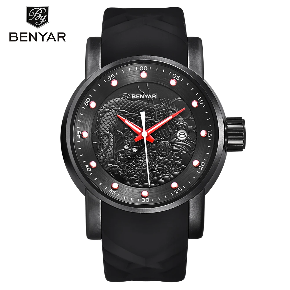 

BENYAR Fashion Mens Quartz Watches Men Luxury Chinese Dragon Sculpture Watch Male Silicone Strap Clock Relogio Masculino 2017