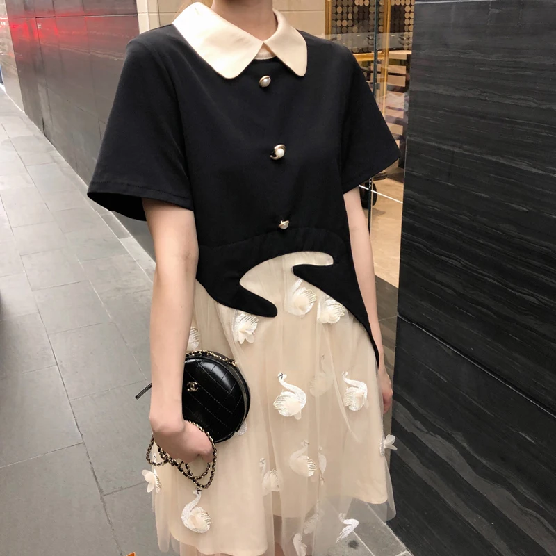 

Gauze Nursing Dress Summer Postpartum Women Lactation Clothes Turn-Down Collar Chiffon Embroidery Maternity Breastfeeding Dress