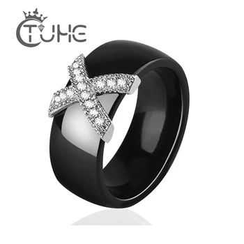 

2019 X Cross Ceramic Rings With AAA Crystal For Women anillos mujer 6MM 8MM Pink Black White Women Rings Engagement Gift