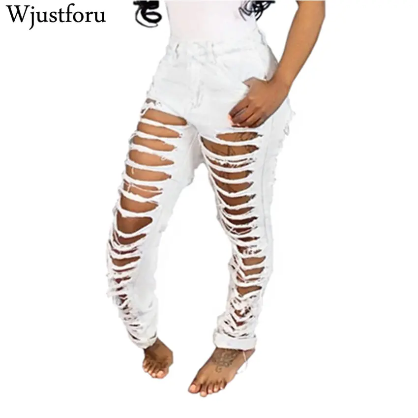 

Wjustforu Casual Long Hole Jeans Women High Waist Skinny Pencil Blue Denim Pants Ripped Sexy Jeans femme Bodycon Trousers
