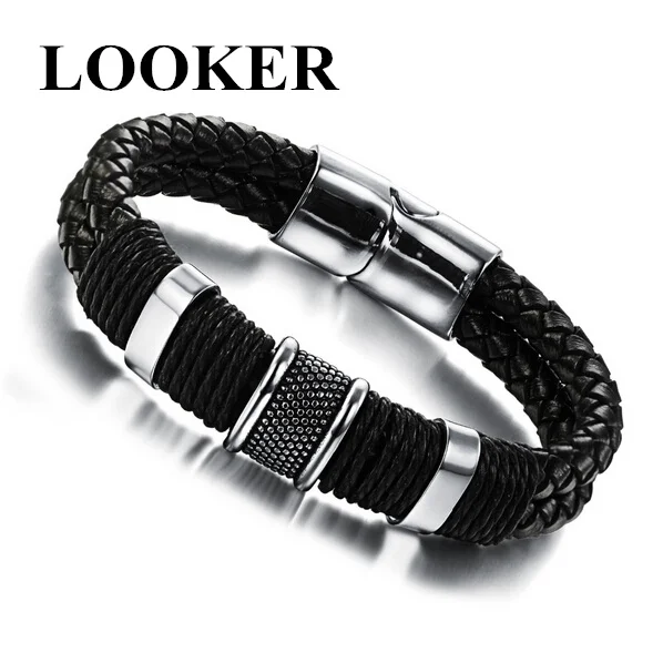 

2019 Fashion Black Braid Woven Leather Bracelet Titanium Stainless Steel Bracelet Men Bangle Men Jewelry Vintage Gift